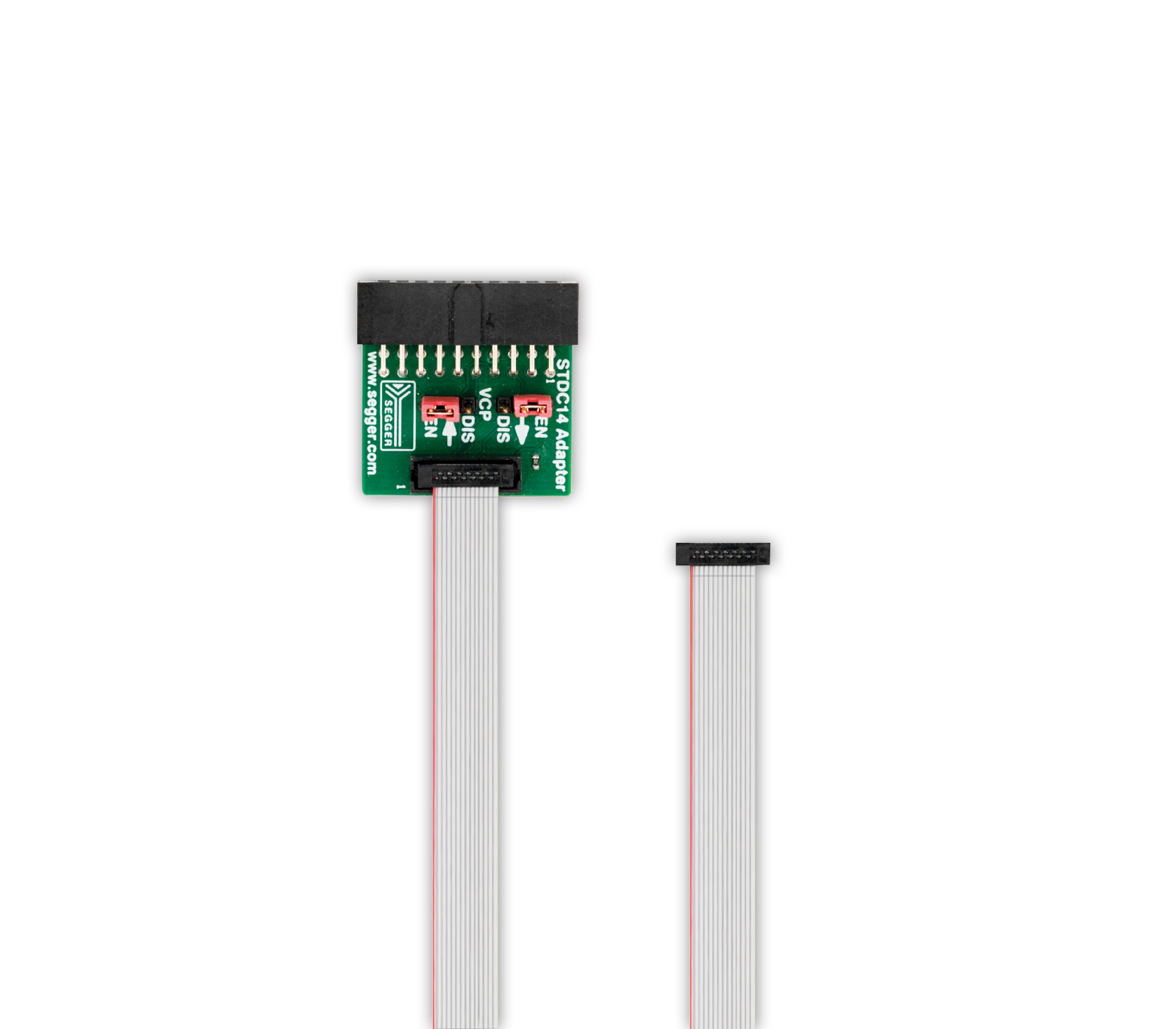 STDC 14 Adapter The image features a green circuit board adapter labeled "STDC14 Adapter," with several pins and switches, connected to a flat ribbon cable. The cable has multiple wires and ends in a connector, used for electronic component connections.