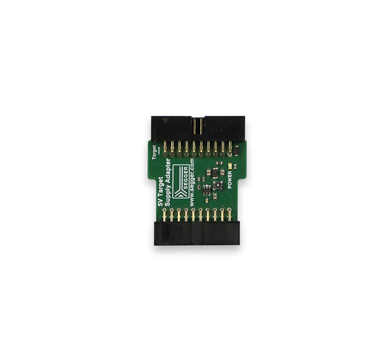 5V Target Supply Adapter A small green circuit board with various electronic components. It has two black connectors at the top and a label reading "5V Target Supply Adapter." The board features multiple gold pins for connections and a small power indicator.