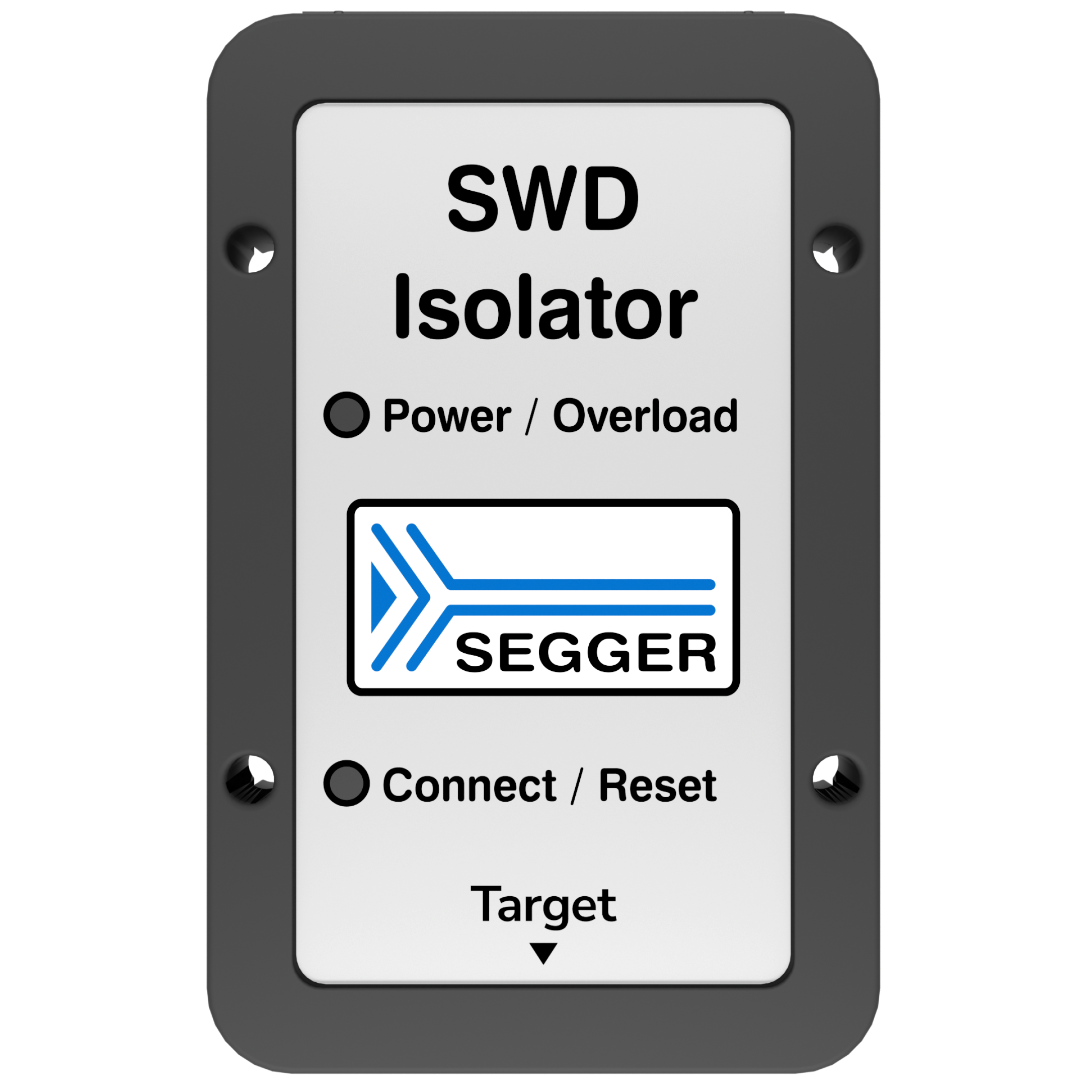 SWD Isolator Box A control panel labeled "SWD Isolator" featuring three buttons: one for "Power / Overload," another for "Connect / Reset," and an arrow pointing downwards labeled "Target." The SEGGER logo is displayed prominently.