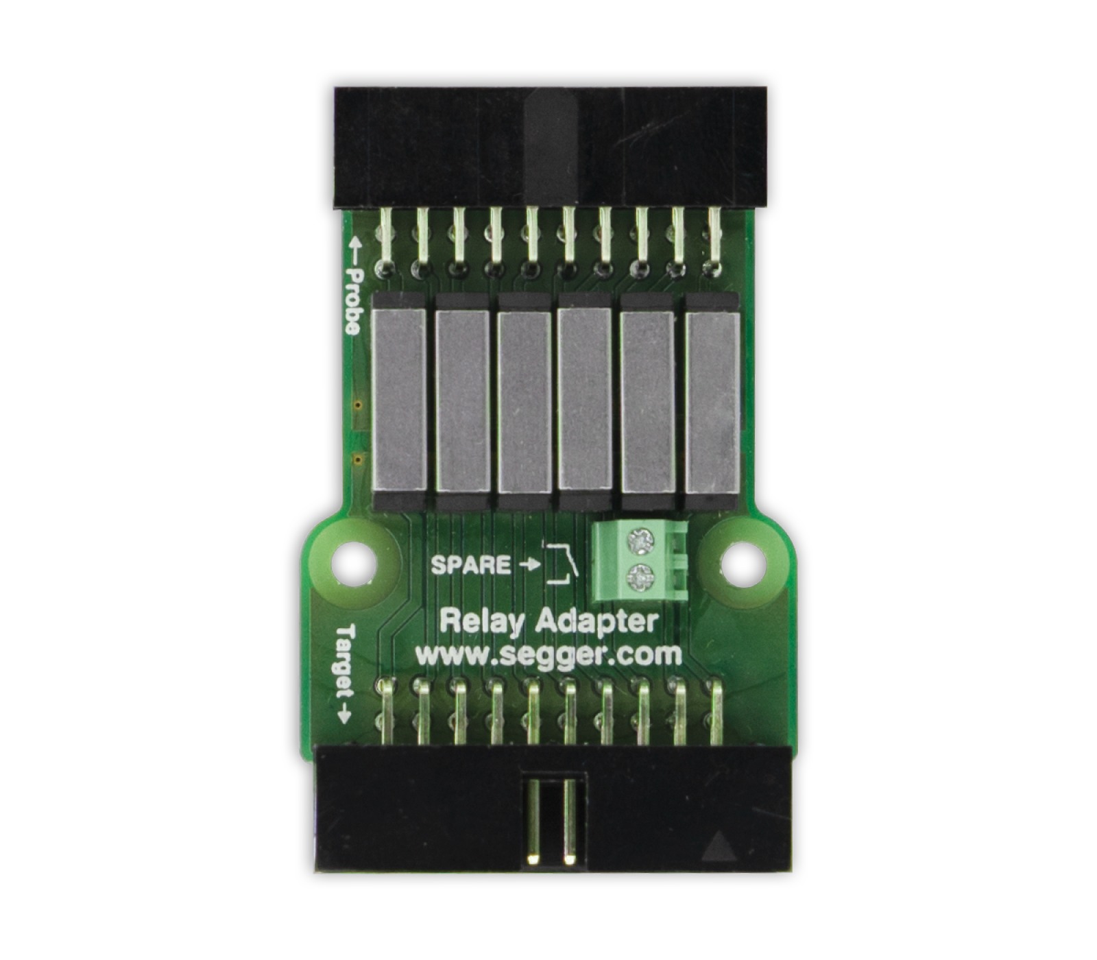 Relay Adapter A green printed circuit board with six metallic relay switches positioned horizontally in the center. The board has various labeled connectors on the edges, including "Target," "Probe," and "Spare." The manufacturer's website, "www.segger.com," is printed at the bottom.