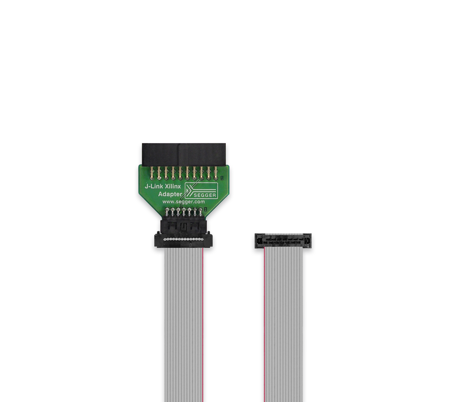 Xilinx Adapter The image features a J-Link Xilinx adapter, a small, green circuit board with pins for connection on one end and a flat ribbon cable extending from the other. The adapter is used for programming and debugging in electronics projects.