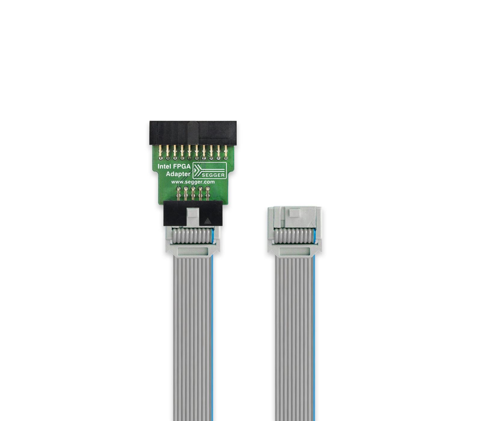 Intel FPGA Adapter An Intel FPGA adapter is shown, featuring a green circuit board with multiple pins on one end and a flat ribbon cable on the other. The adapter is designed for connecting to FPGA devices and includes a manufacturer's logo and website link.