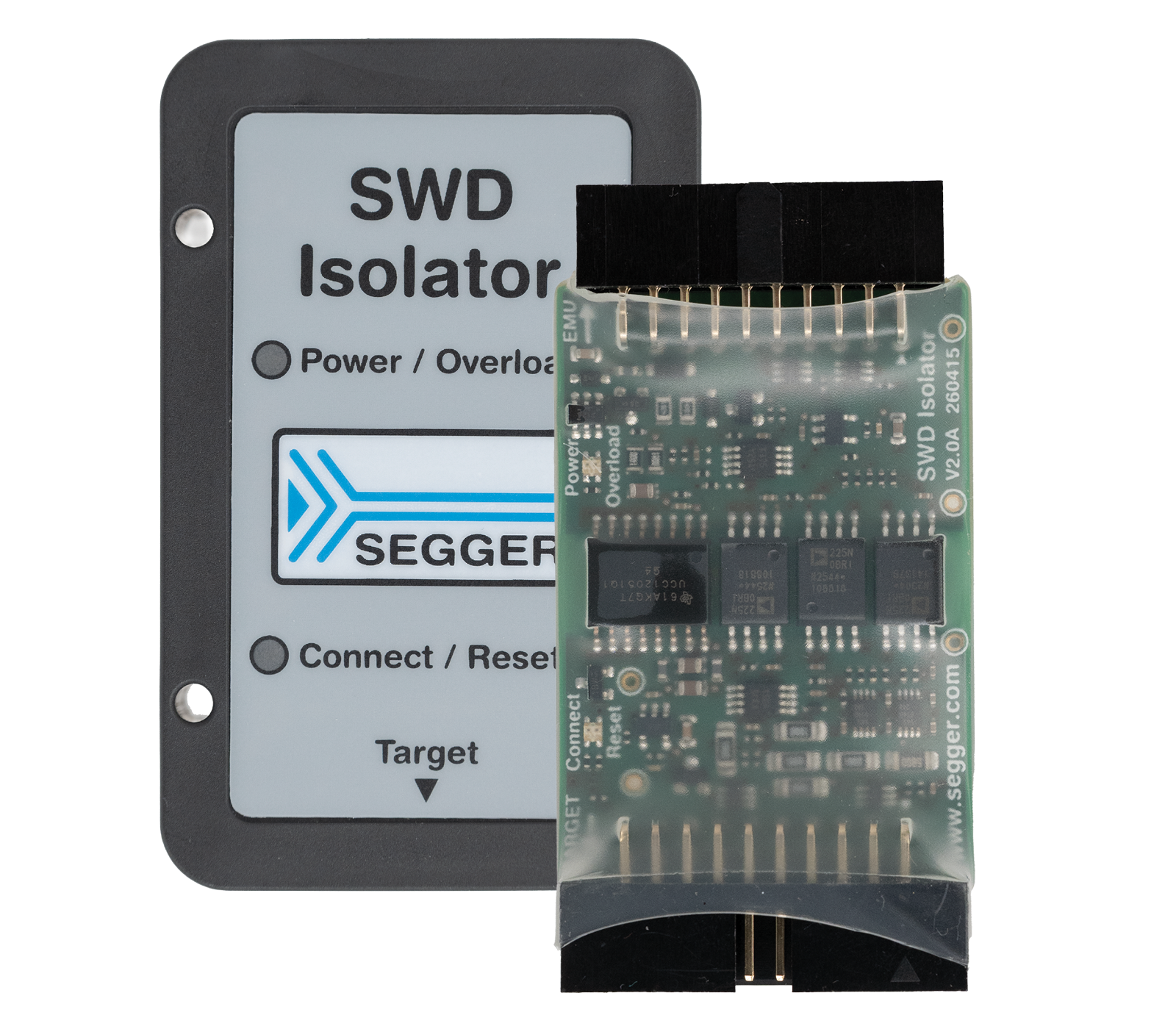SWD Isolator Box Image shows an SWD isolator device with a printed circuit board. The isolator features labels for power and connection indicators. It is designed for interfacing with electronics, ensuring safe communication between devices. The overall design is compact and functional, suited for technical applications.