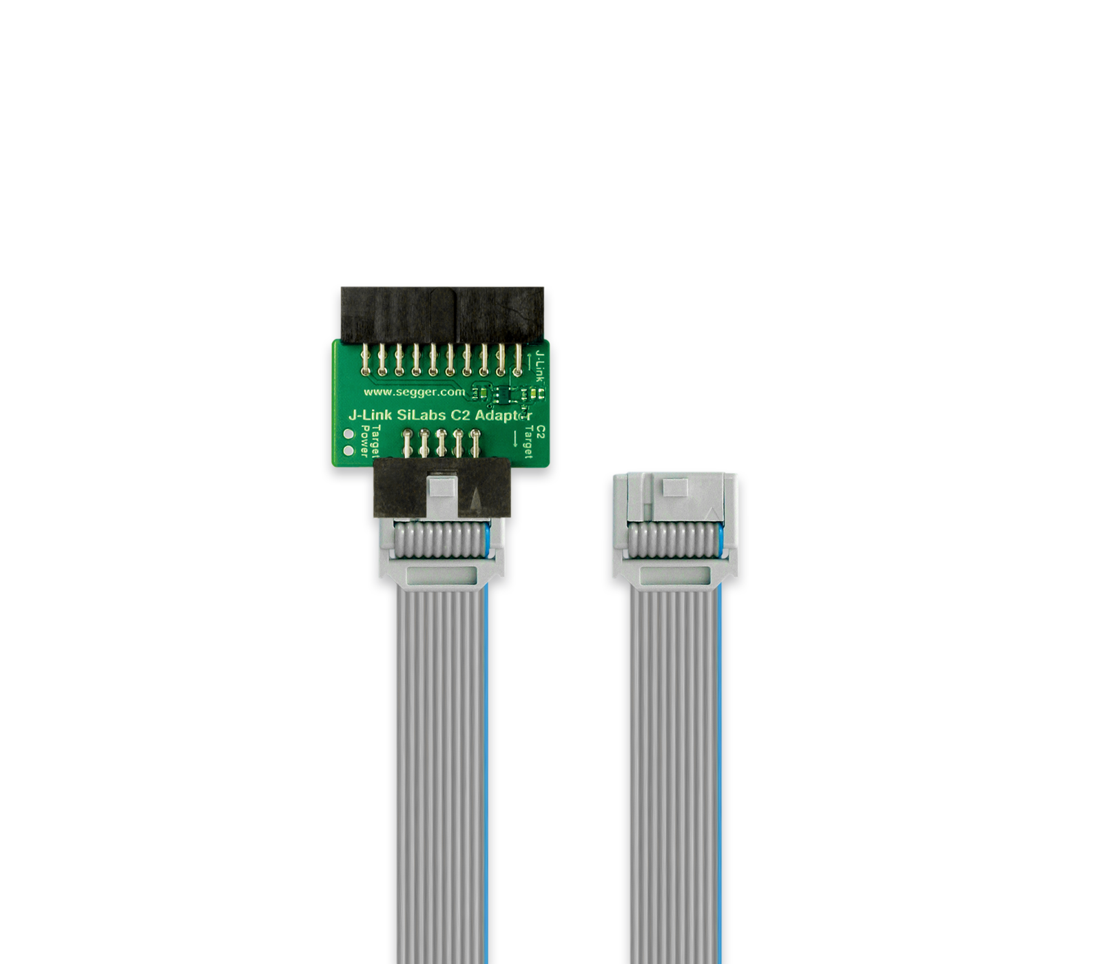 SiLabs C2 Adapter An electronic adapter labeled "J-Link SiLabs C2 Adapter" connects two ribbon cables. One end features a printed green circuit board with pins, while the other end has a connector housing. The image showcases the adapter's design and functional connections.