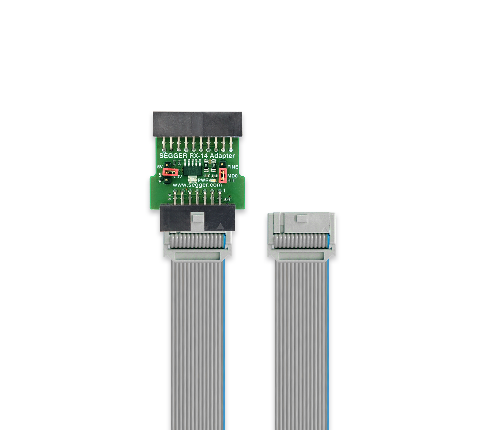 RX Adapter Image of a SEGGER RX-14 Adapter featuring a green circuit board with pins and labels, connected by a flexible ribbon cable to two gray connectors. The adapter is used for programming and debugging electronic devices.