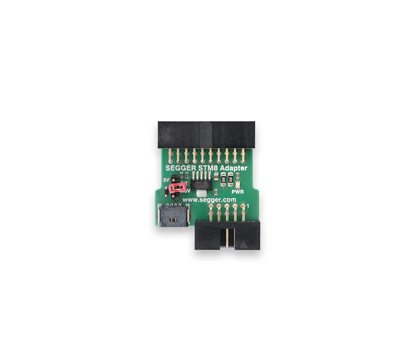 STM8 Adapter An electronic adapter board labeled "SEGGER STM8 Adapter" featuring various pin connectors, a small switch, and components for signaling. The board is primarily green with silkscreened details and is used for interfacing with STM8 microcontrollers.
